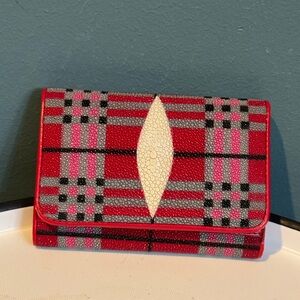 NWOT Stingray Plaid Trifold Wallet - Red and Pink Plaid